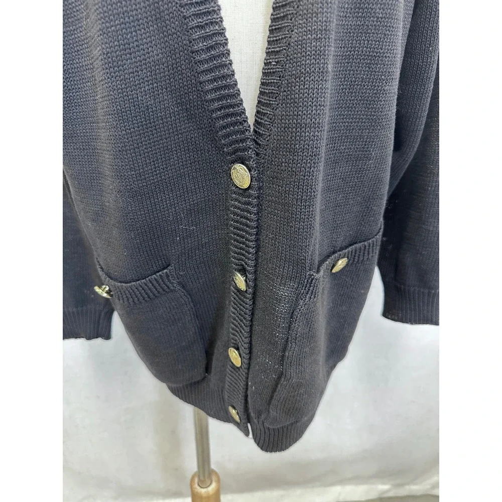 Casual Corner 90s Cotton Ramie Black Knit Oversize Cardigan Medium‎ Gold Button